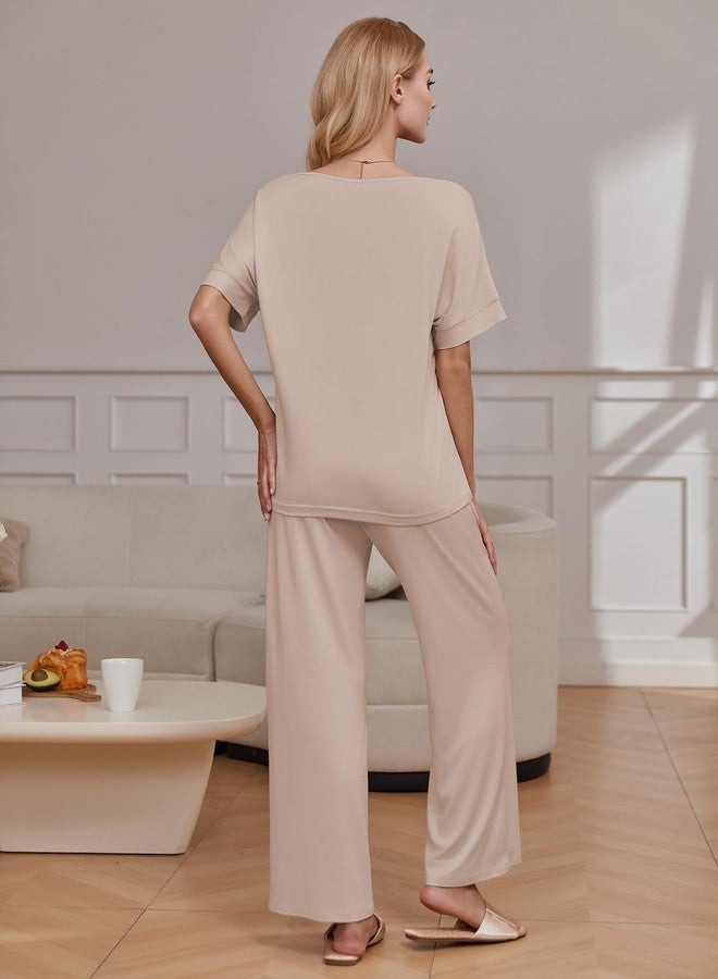 Ekouaer Womens Pajamas Short Sleeve Pullover Tops and Long Pants Pjs Loungewear Cozy 2 Piece Sets Airport Outfits,Beige,M - Image 2